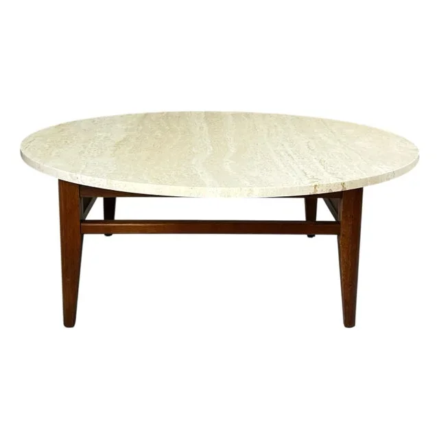 Mid Century Travertine Coffee Table With Walnut Base