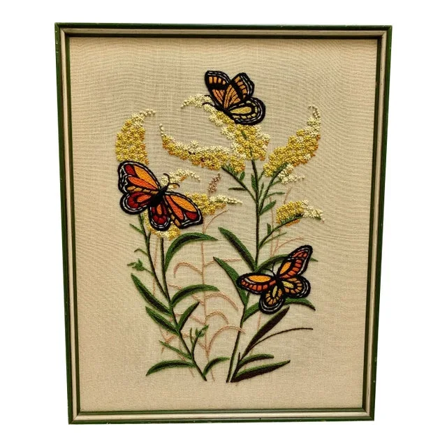 Midcentury 1970s Framed Embroidered Butterfly Wall Decor