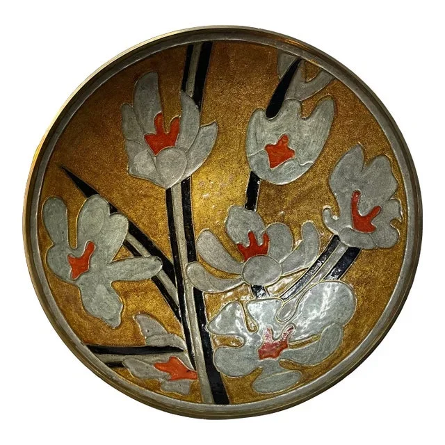 Midcentury Cloisonné Enameled Brass Footed Bowl