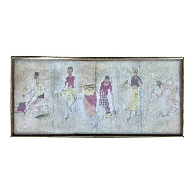 Midcentury Daily Life Scene Painting on Textile/Signed