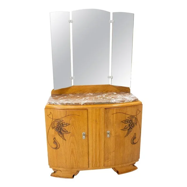 Midcentury Modern French Oak Marble Dressing Table, 1960