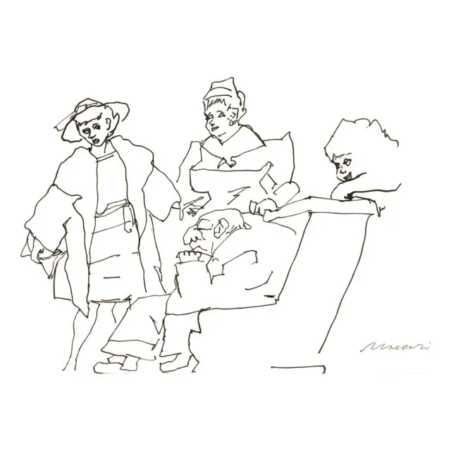 Mino Maccari, Father and Daughters, Drawing on Paper, 1940s