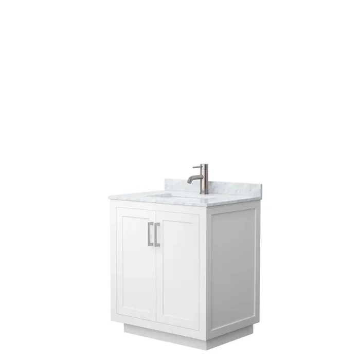Miranda 30 Inch Single Bathroom Vanity In White, White Carrara Marble Countertop, Undermount Square Sink, Brushed Nickel Trim