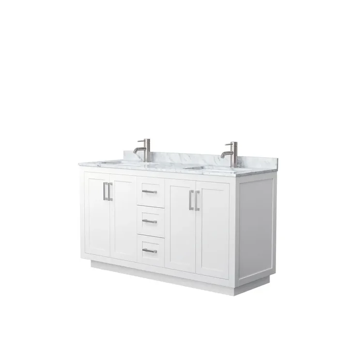 Miranda 60 Inch Double Bathroom Vanity In White, White Carrara Marble Countertop, Undermount Square Sinks, Brushed Nickel Trim