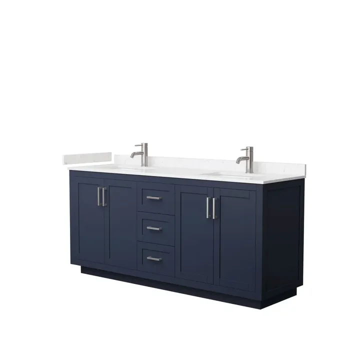 Miranda 72 Inch Double Bathroom Vanity In Dark Blue, Carrara Cultured Marble Countertop, Undermount Square Sinks, Brushed Nickel Trim