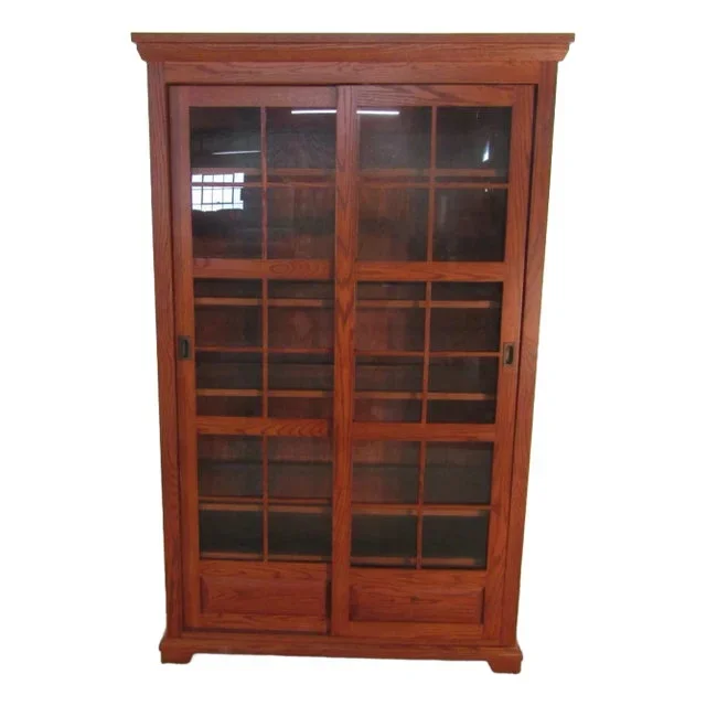 Mission Arts and Crafts Style Solid Oak Sliding Door Bookcase