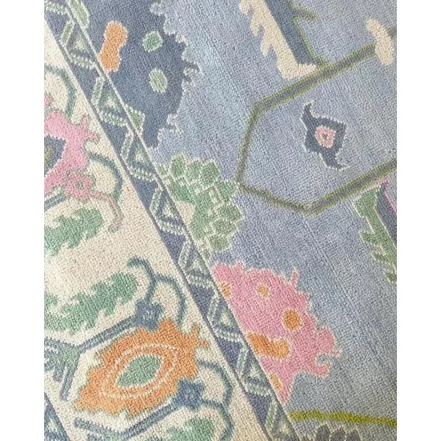 Modern Handknotted Oushak Rug in Shades of Blue & Green with Pops of Pink, 4′ x 6′