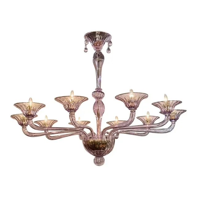 Modern Lavender Colored Blown Murano Glass Chandelier With 10 Arms