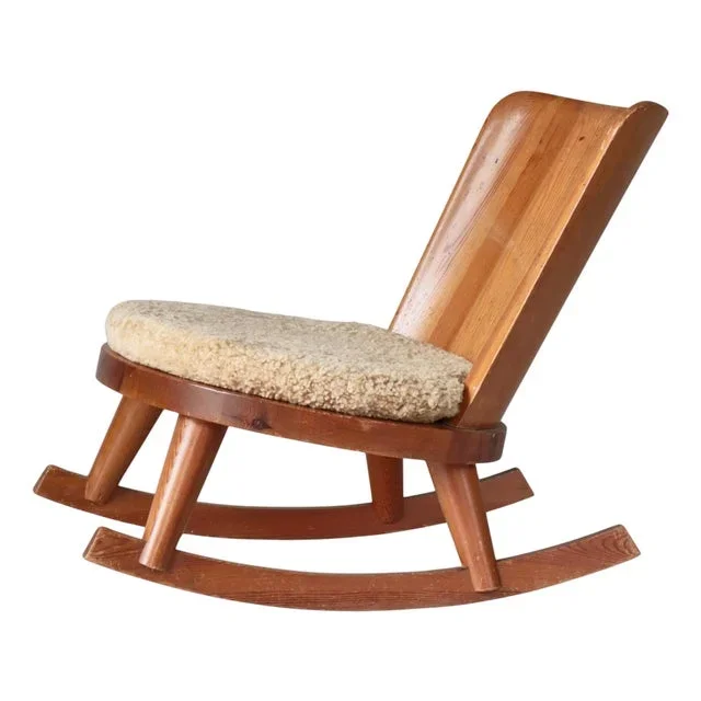 Modern Swedish Rocking Chair in Pine & Sheepskin attributed to Göran Malmvall, 1930s