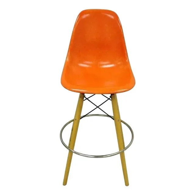 Modernica Orange Fiberglass Eames Style Shell Case Study Dowel Swivel Barstool
