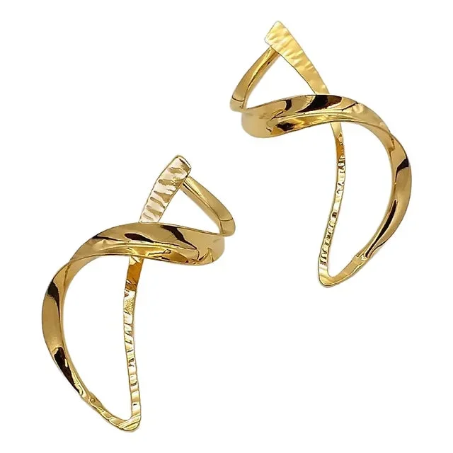 Modernist Gold Dangles, Original Hammer Formed Gerhard Herbst Studio Earrings – 2 Pieces