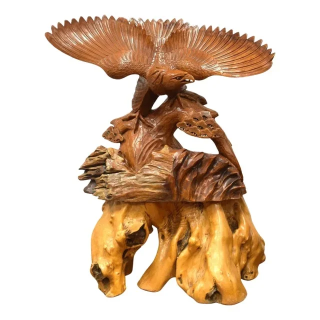 Monumental Japanese Eagle Statue in Teak with Burlwood Pedestal
