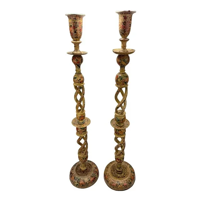 Monumental Pr. 19th Century Kashmiri Lacquered Papier-Mâché Floor Candlesticks