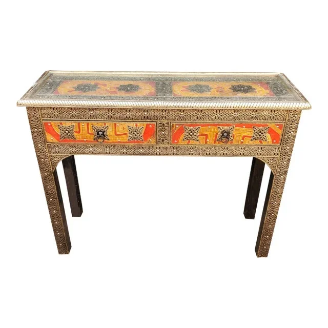 Moroccan Cedar Wood Frame Metal Inlay Console Table