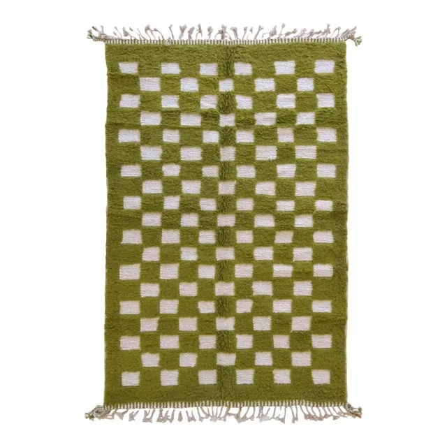 Moroccan Green Checkered Wool Rug – 9.4 X 6 Ft