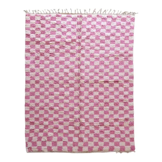 Moroccan Pink Checkered Wool Rug – 9.6 X 7.1 Ft