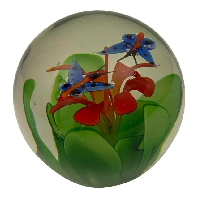 Murano Limited Edition Paperweight With Two Blue Butterflies