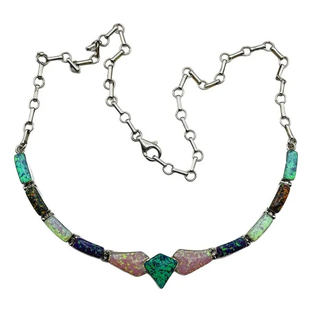 Native American Sterling Silver 925 Colorful Opal Necklace Navajo Signed James Shay C. 1990