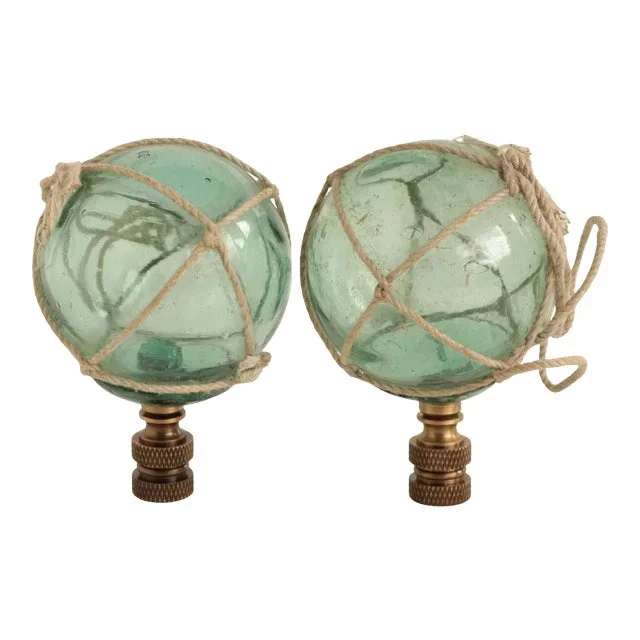 Nautical Netted Aqua Glass Lamp Finials – a Pair