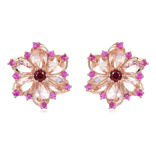 Nina Zhou Carnation Flower Morganite, Pink Sapphire & Rhodolite Garnet Earrings in 14k Rose Gold- Set of 2