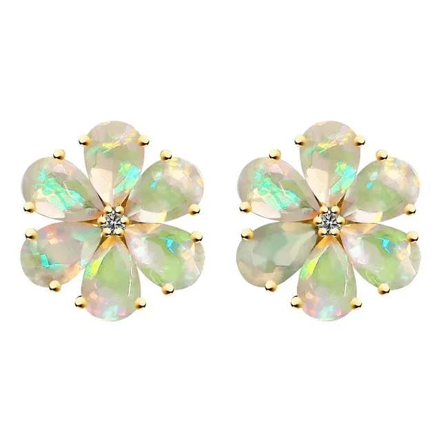 Nina Zhou Opal Diamond Forget-Me-Not Flower Earrings in 14k Yellow Gold – a Pair