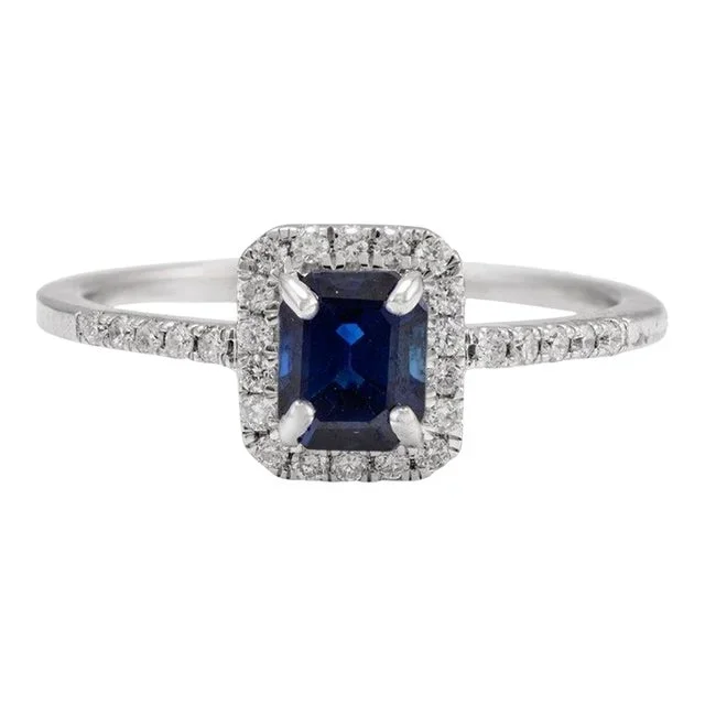 Octagon Cut Blue Sapphire and Halo Diamond Statement Ring Size 7 (All Sizes Available)