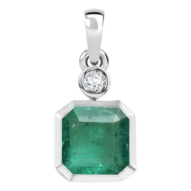 Octagon Cut Emerald and Round Diamond Pendant in 14k Gold