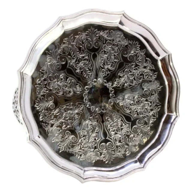 Octagonal Silver Tray with Engraved Plant Motifs and Cut-Out Feet