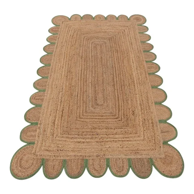 Olive Green Scallop Edge Jute Rug 3×8 Ft.