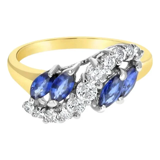 One Carat Diamond & Sapphire Cocktail Ring 14k Yellow Gold, Size 4