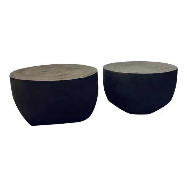 Organic Modern Hand Carved Ebony Finished Wood Bunching Tables Pair
