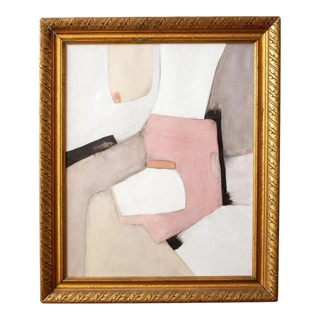 Original Framed Abstract Painting in Neutral Beige, White, Gray, Mauve in Antique Gold Frame