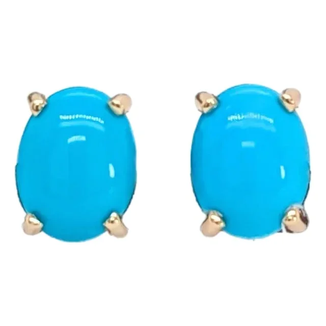 Oval 8x6mm – Arizona Sleeping Beauty Turquoise Solitaire Studs in 14k Solid Gold- Set of 2