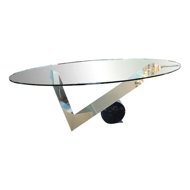 Oval Dining Table in Black Marble and Steel, 1990