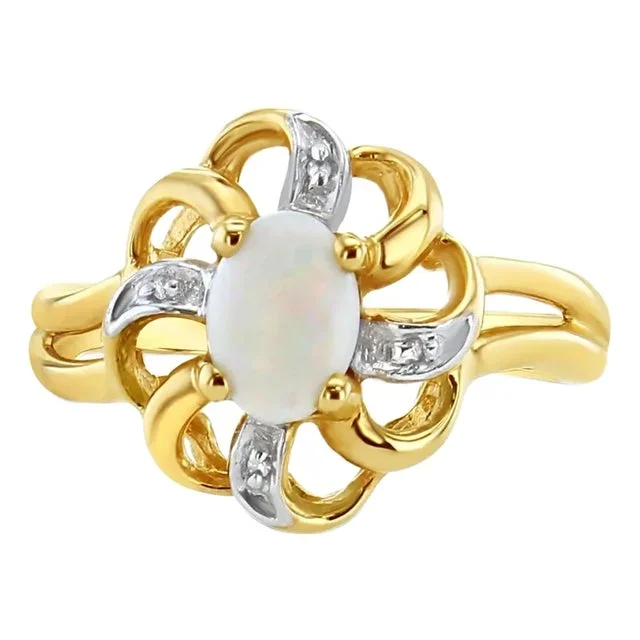 Oval Opal Solitaire Diamond Ring 10k Yellow Gold, Size 4