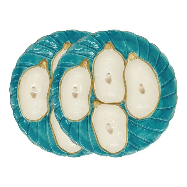 Oyster Plate, Aqua with Gold Detailing, Set of 2