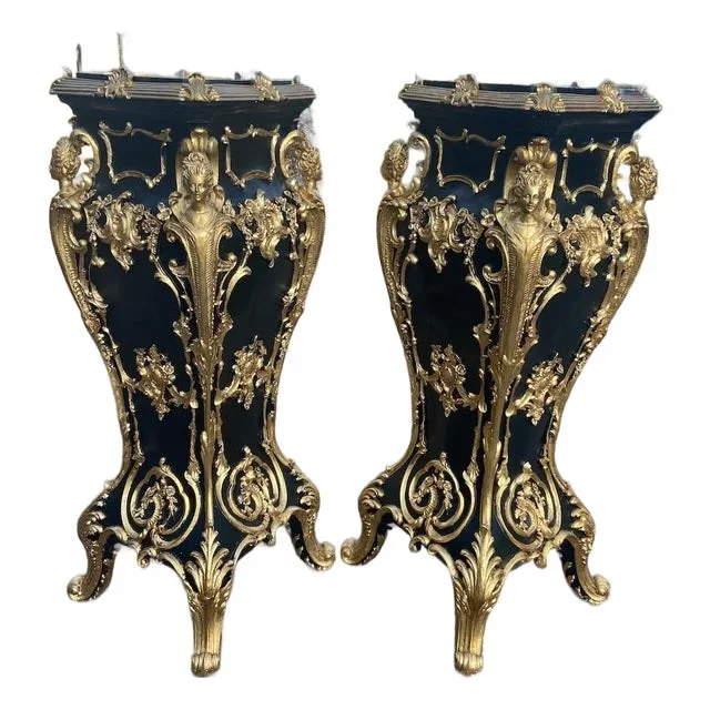 Pair 1990 Italian Baroque Black Gold Pedestals W/ Marble Effect Tops – 2 Pieces