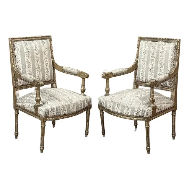 Pair 19th Century French Louis XVI Gilded Armchairs ~ Fauteuils