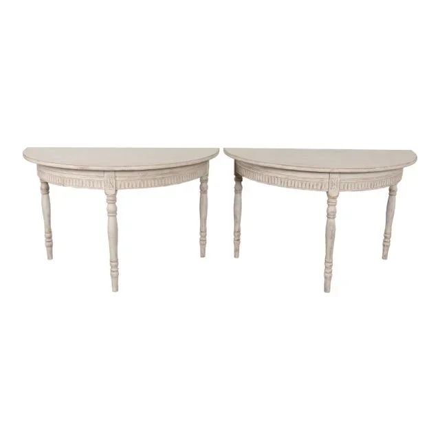 Pair, 19th Century Swedish Gustavian Demi Lune Side Console Tables