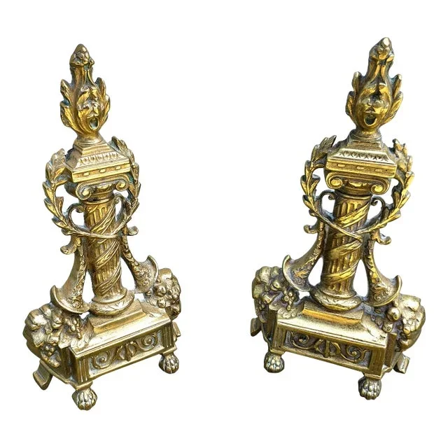 Pair Antique French Neoclassical Cast Brass Andirons