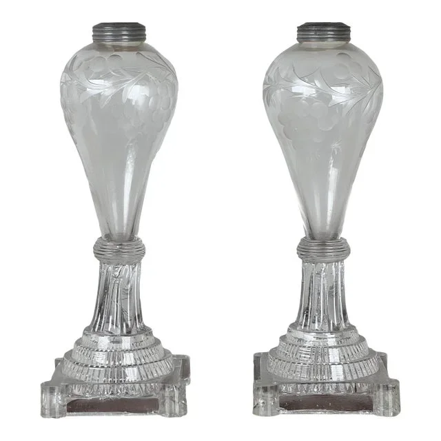 Pair Antique Sandwich Glass Whale Oil Lamps C. 1820