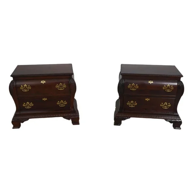 Pair Century Bombe Base Mahogany Nightstands
