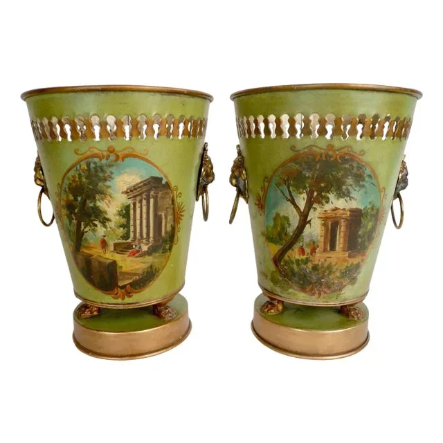 Pair French Green Painted Tole Cachepots or Platnern
