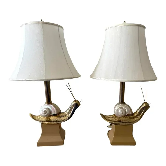 Pair Italian Snail Brass and Shell Table Lamps