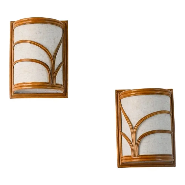 Pair Mid-Century Modern Style Rattan Wall Sconce Lamp