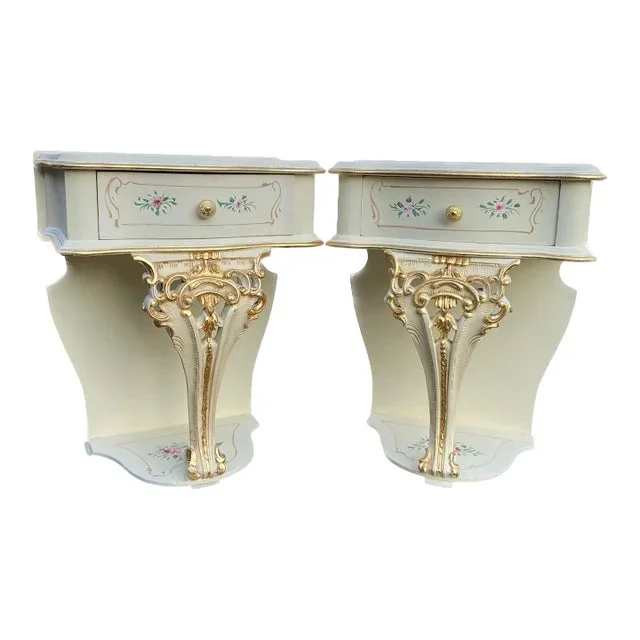 Pair of 1899 Italian Rococo/Baroque Nightstands in Cream Beech With Gold Leaf and Hand-Painted Floral Details