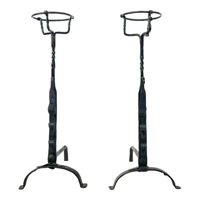 Pair of 18th Century Basket Top Wrought Iron Andirons