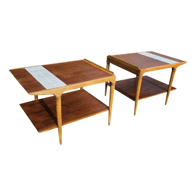 Pair of 1960s Lane Cosmopolitan Walnut & Tile End Tables With Shelf