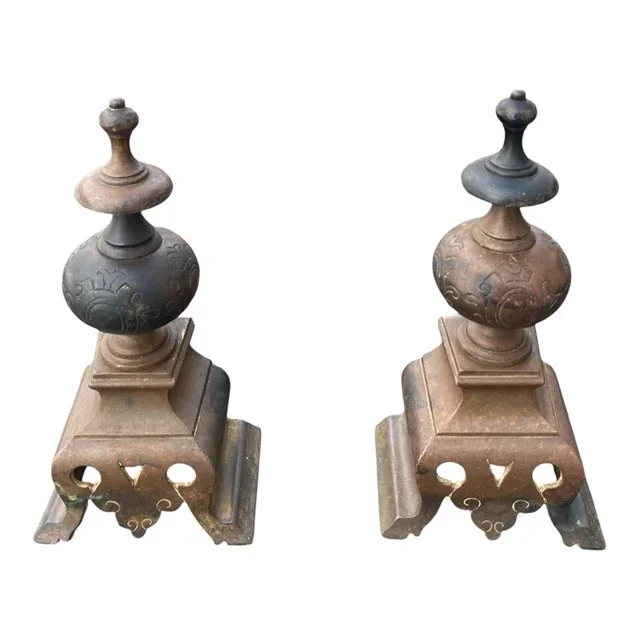 Pair of 19th Century Antique Brass Andirons Fireplace Tools Firedogs