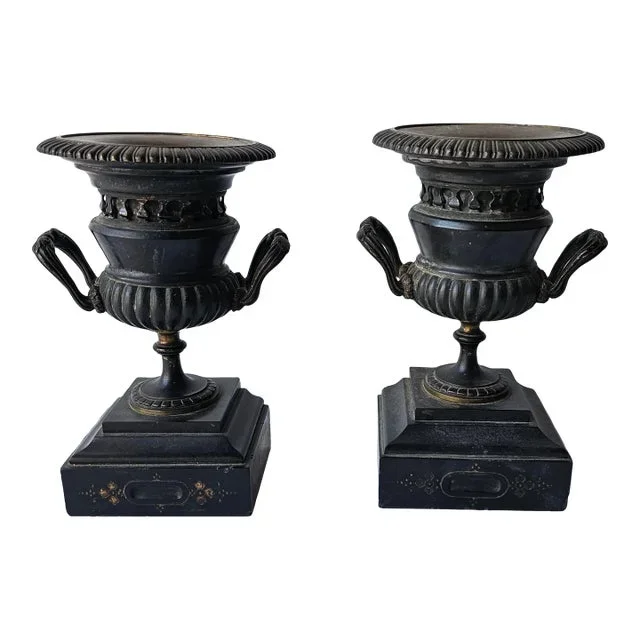Pair of 20th Century Black Painted Bronze and Slate Urn Form Mantlepieces